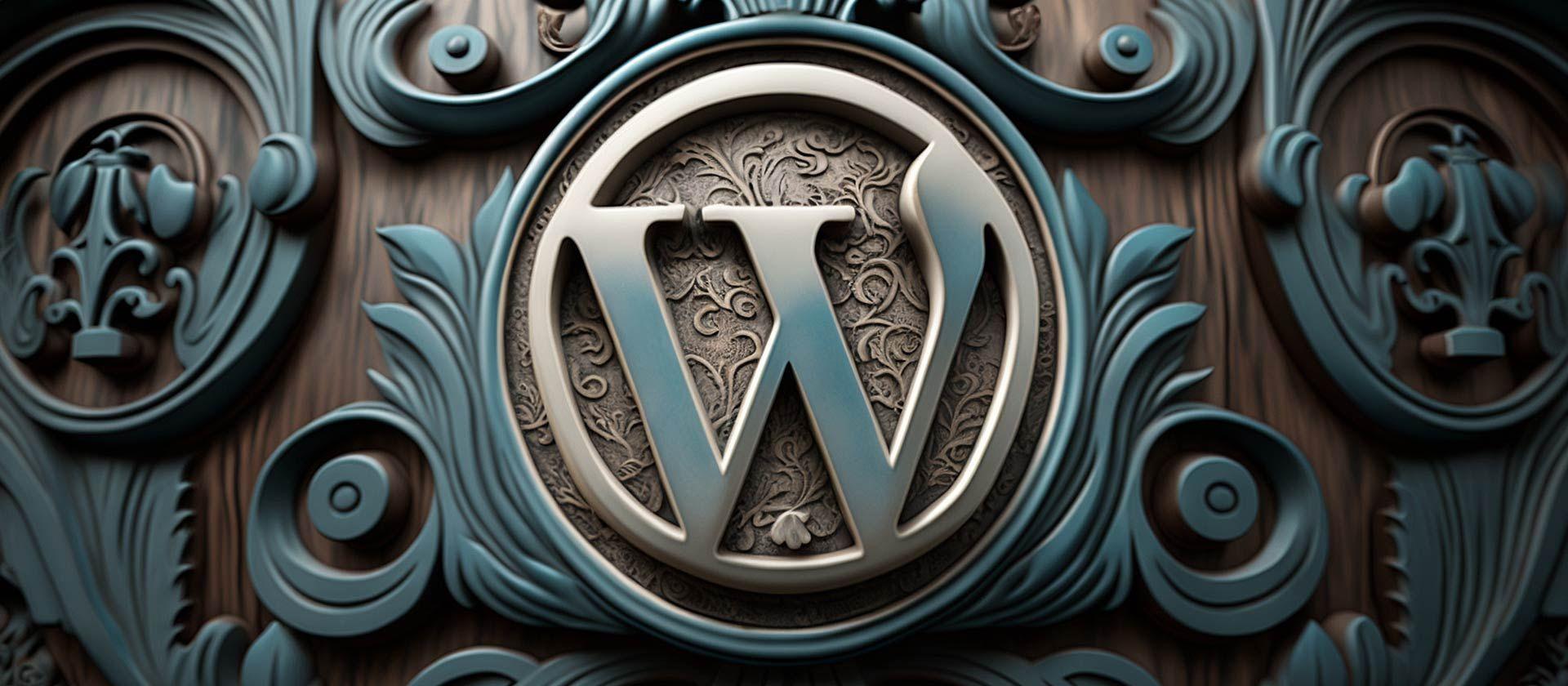 Ornate 3d rendering of the Wordpress logo carved into a panel