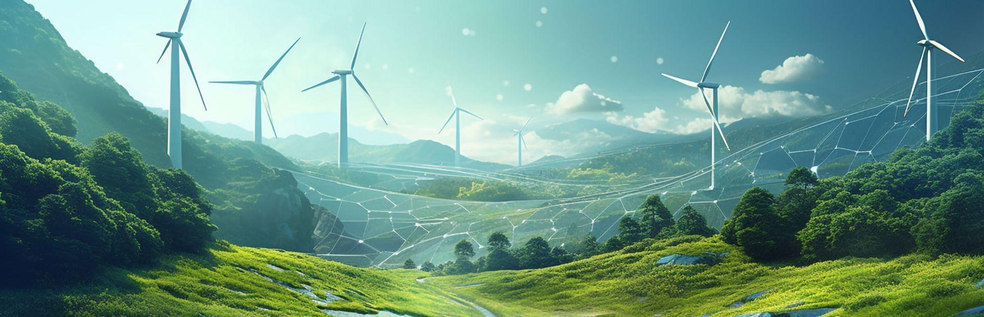 Digital sustainability concept image of a landscape in the future with renewable energy resources embedded sympathetically within it