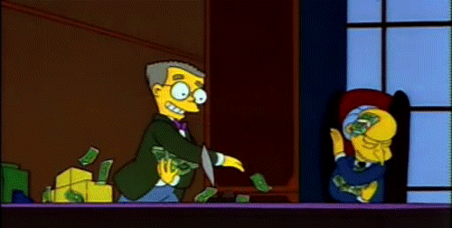 Mr Burns and Smithers from the Simpsons throwing money at each other.